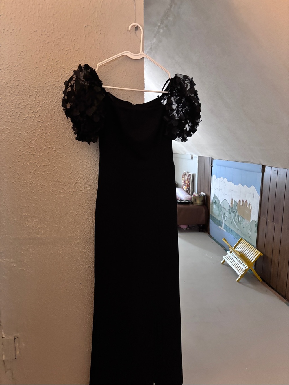 Premier Black Off-Shoulder Gown with Textured Puff Sleeves